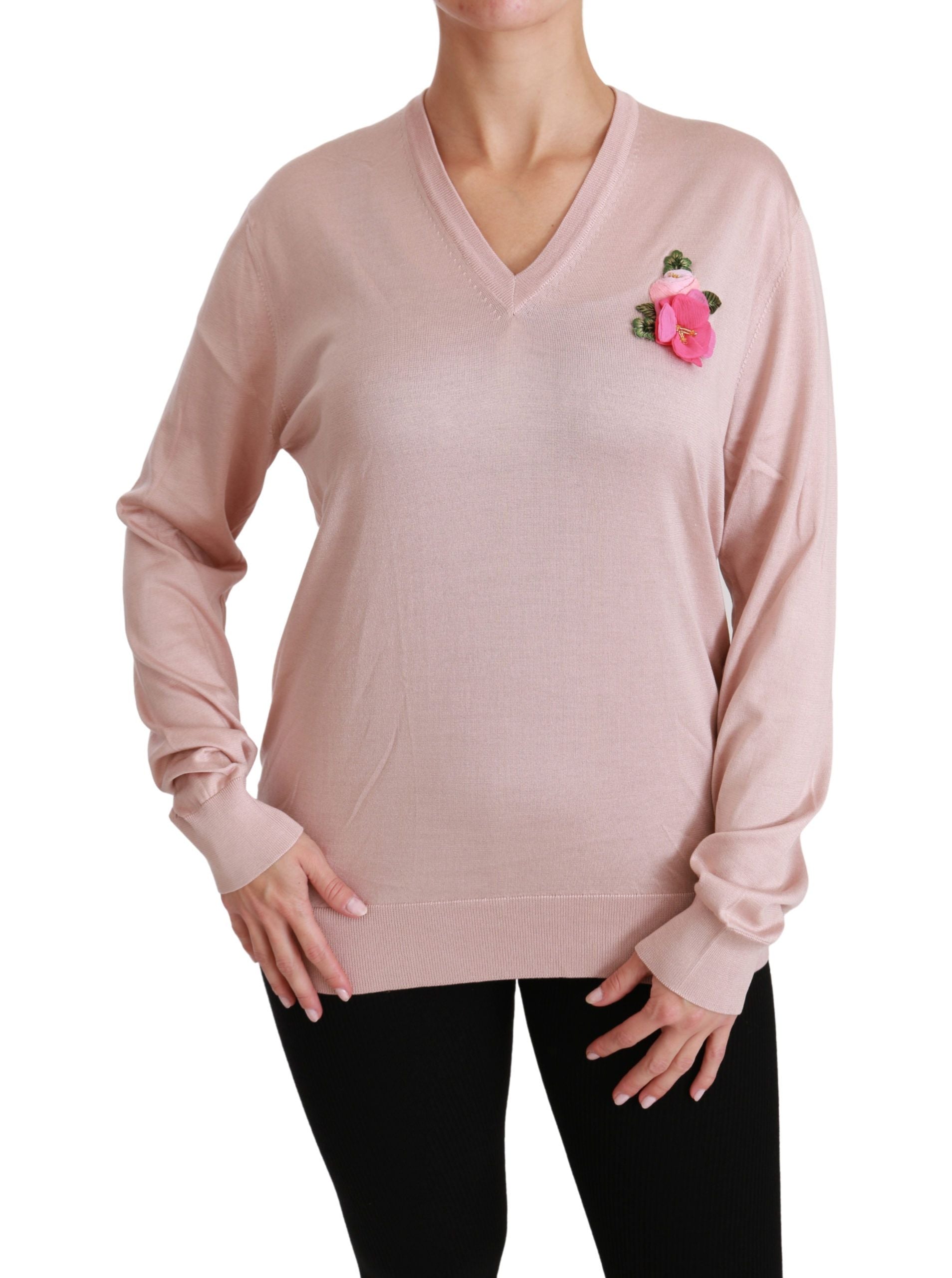 Pink Floral Silk V-Neck Sweater