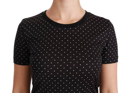 Chic Black Dotted Crewneck Cotton Tee