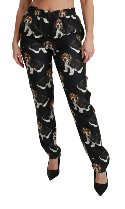 Elegant Silk Puppy Dog Print Pants