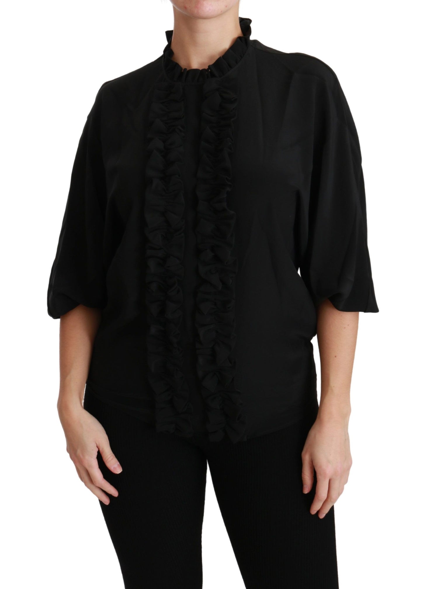 Elegant Black Silk Short Sleeve Blouse