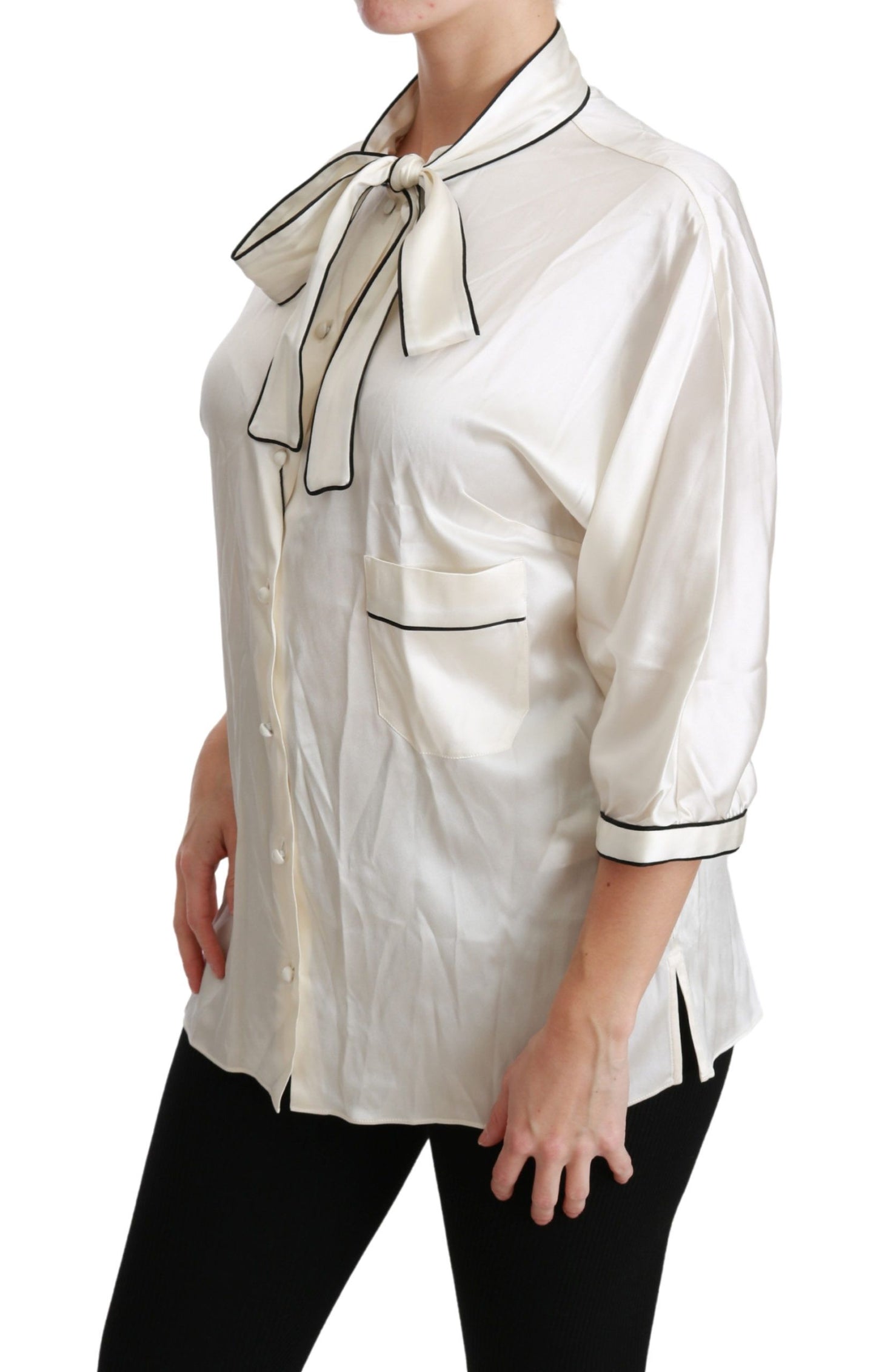 Elegant Beige Silk Blouse with Bow Scarf