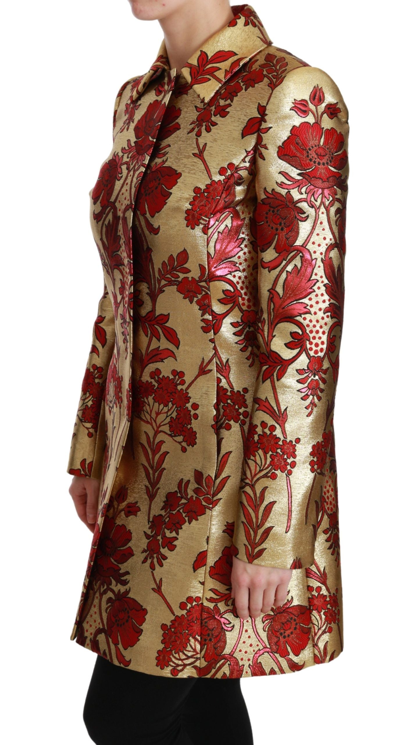 Elegant Gold Floral Brocade Trench Coat