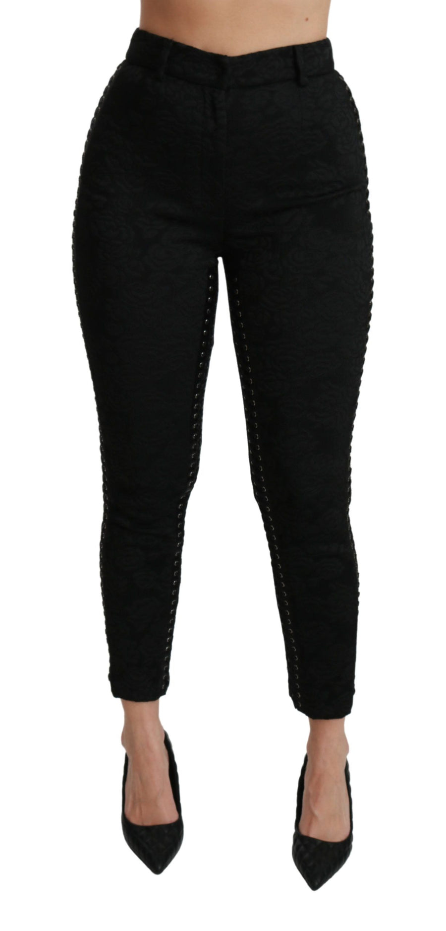 Elegant High Waist Skinny Black Brocade Pants