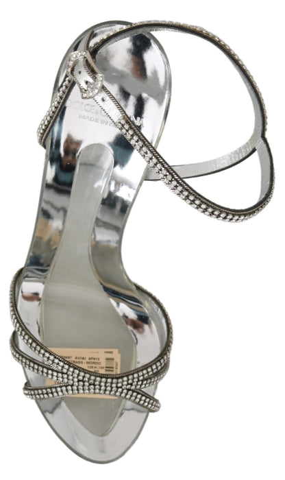 Silver Leather Ankle Strap Sandals with Crystals