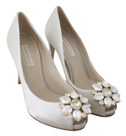 White Crystal Peep Toe Silk Blend Heels