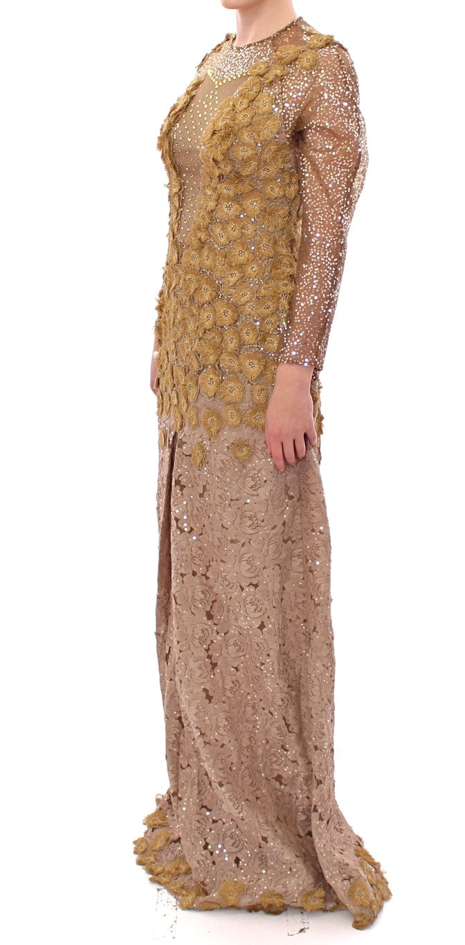 Exquisite Gold Lace Maxi Dress with Crystals