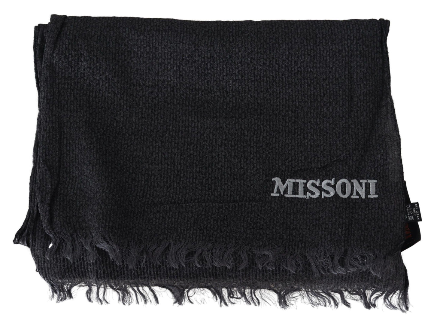 Elegant Black Wool Fringed Scarf