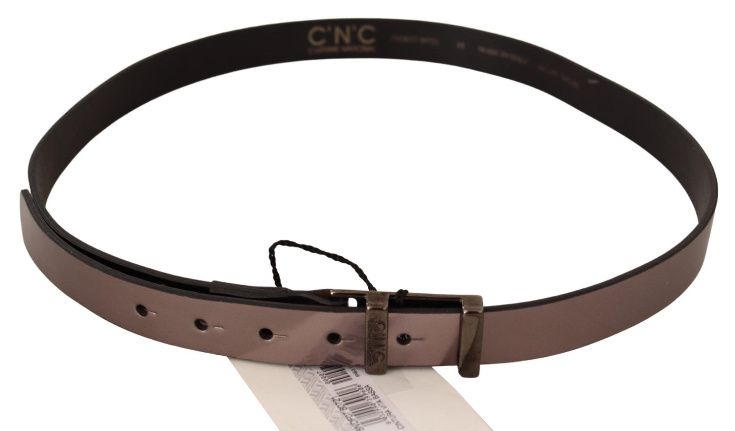 Chic Pink Metallic Leather Belt with Bronze Buckle