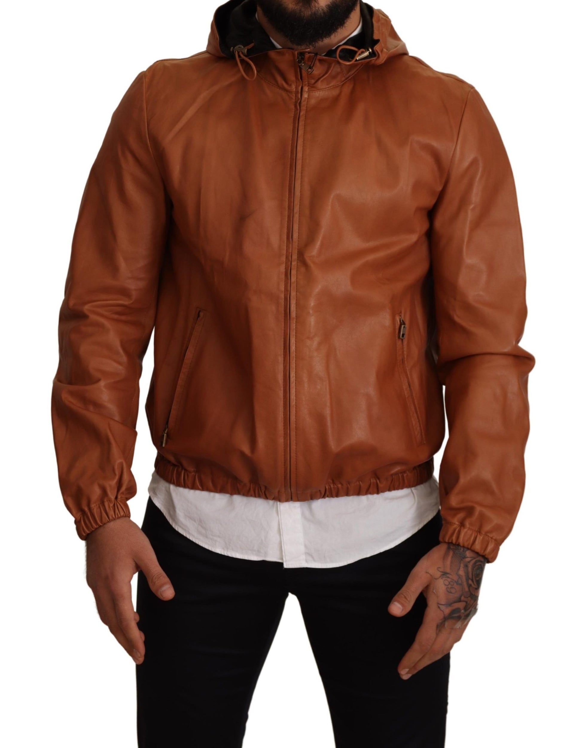 Elegant Brown Leather Bomber Jacket