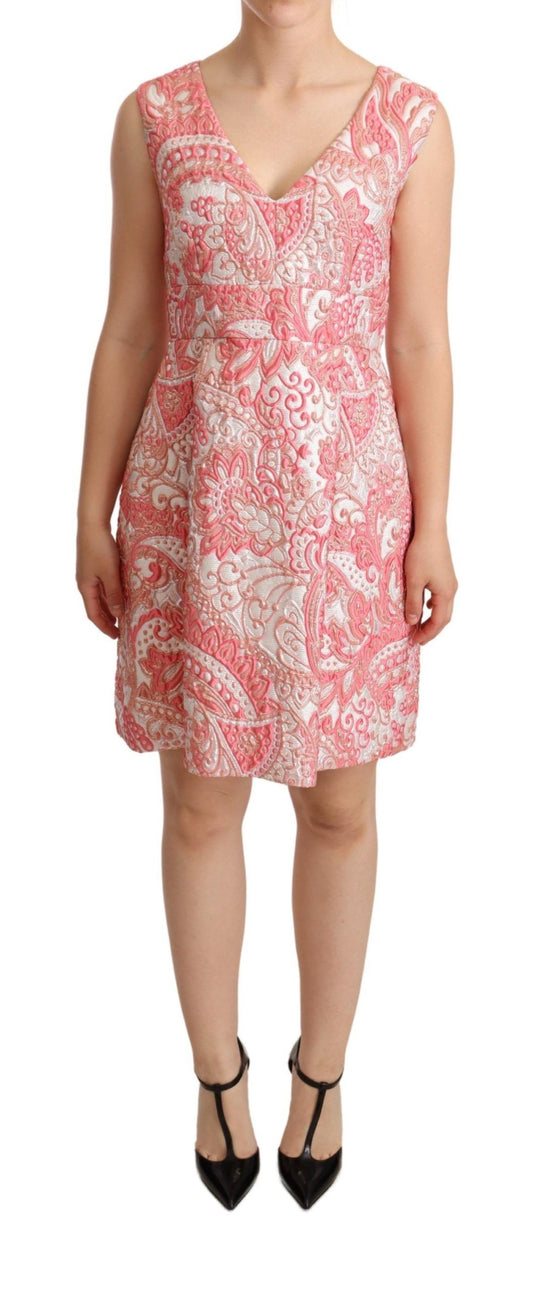 Elegant Pink Jacquard Floral Sheath Dress