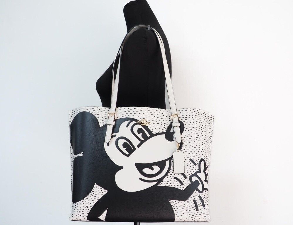 (C6978) Mickey Mouse X Keith Haring Mollie Large Leather Shoulder Tote Bag