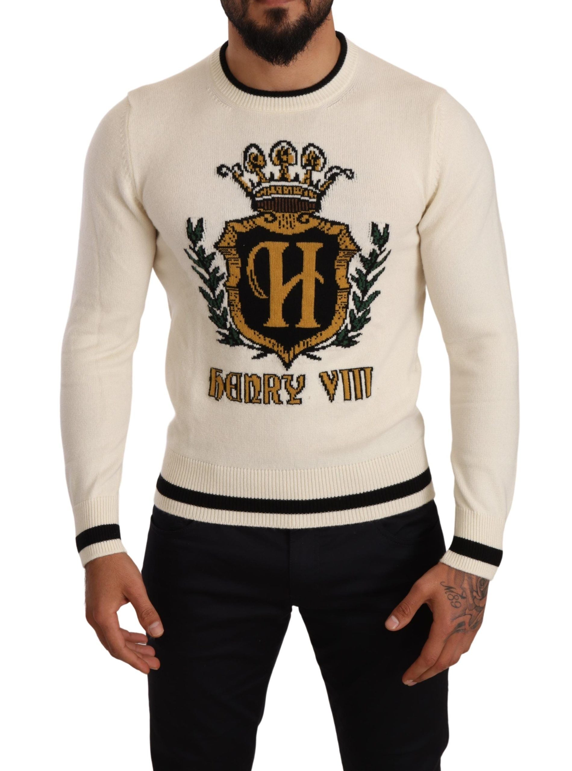 Elegant Snow-White Heraldic Cashmere Sweater