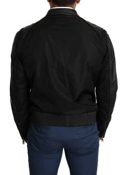 Elegant Black Bomber with Leather Accents