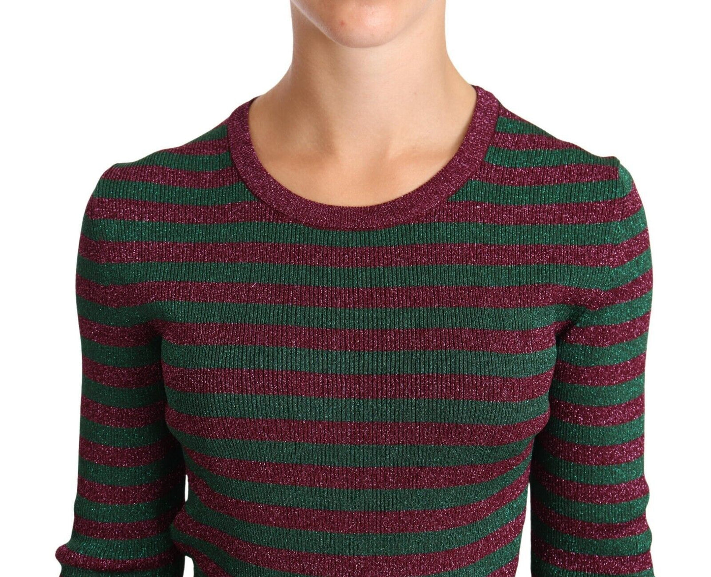 Elegant Maroon and Green Striped Crewneck Sweater