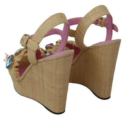 Beige Silk Strap Wedge Sandals