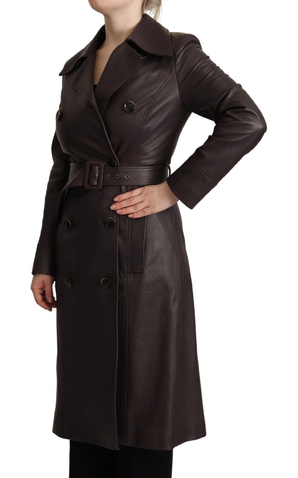 Elegant Double-Breasted Lambskin Leather Coat