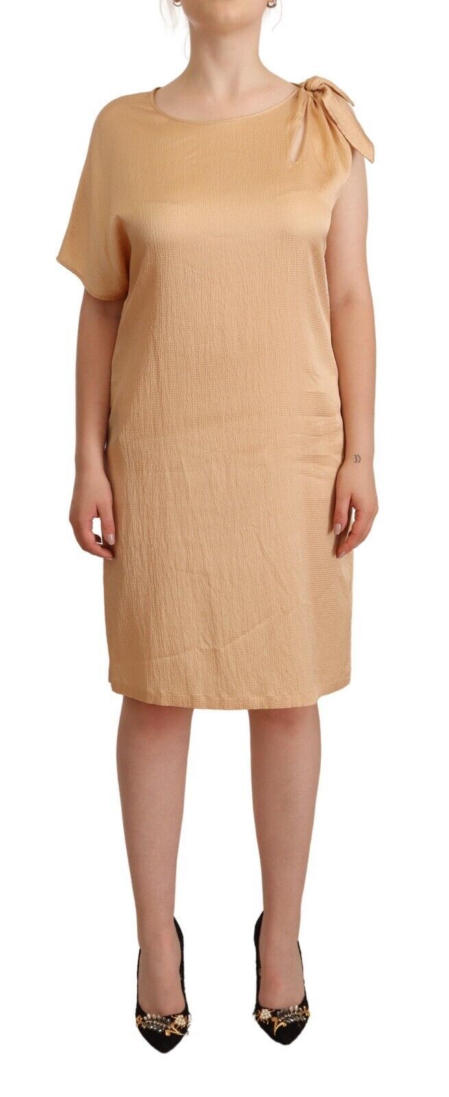 Elegant One-Sleeve Beige Shift Dress