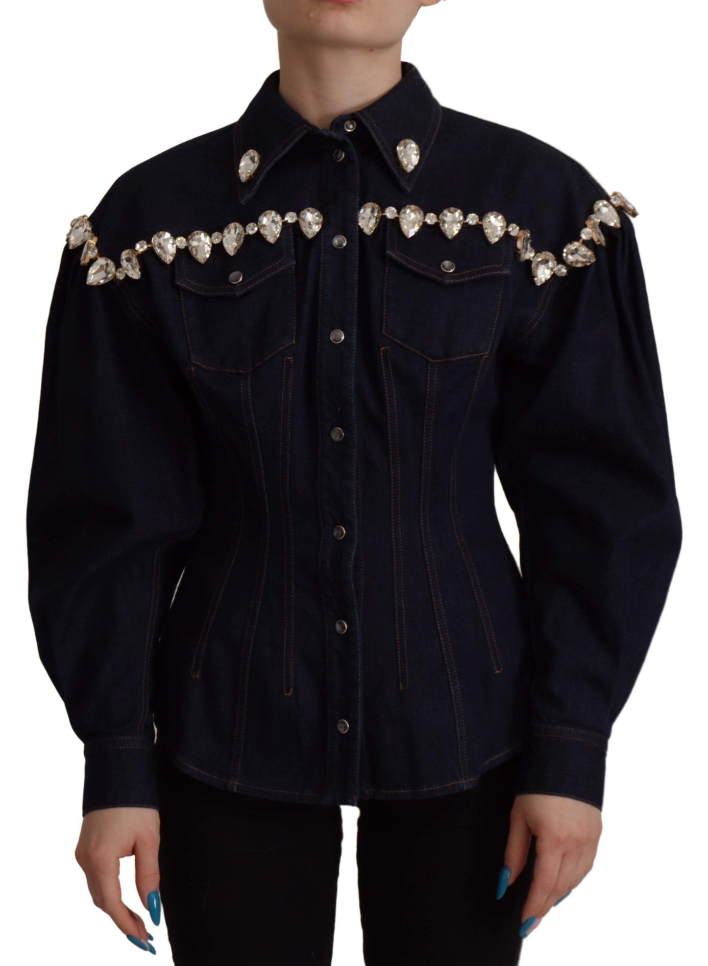 Elegant Crystal-Embellished Denim Jacket