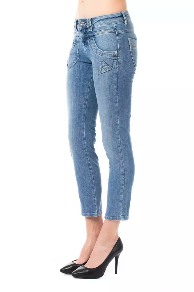 Light Blue Cotton Women Capri Jeans