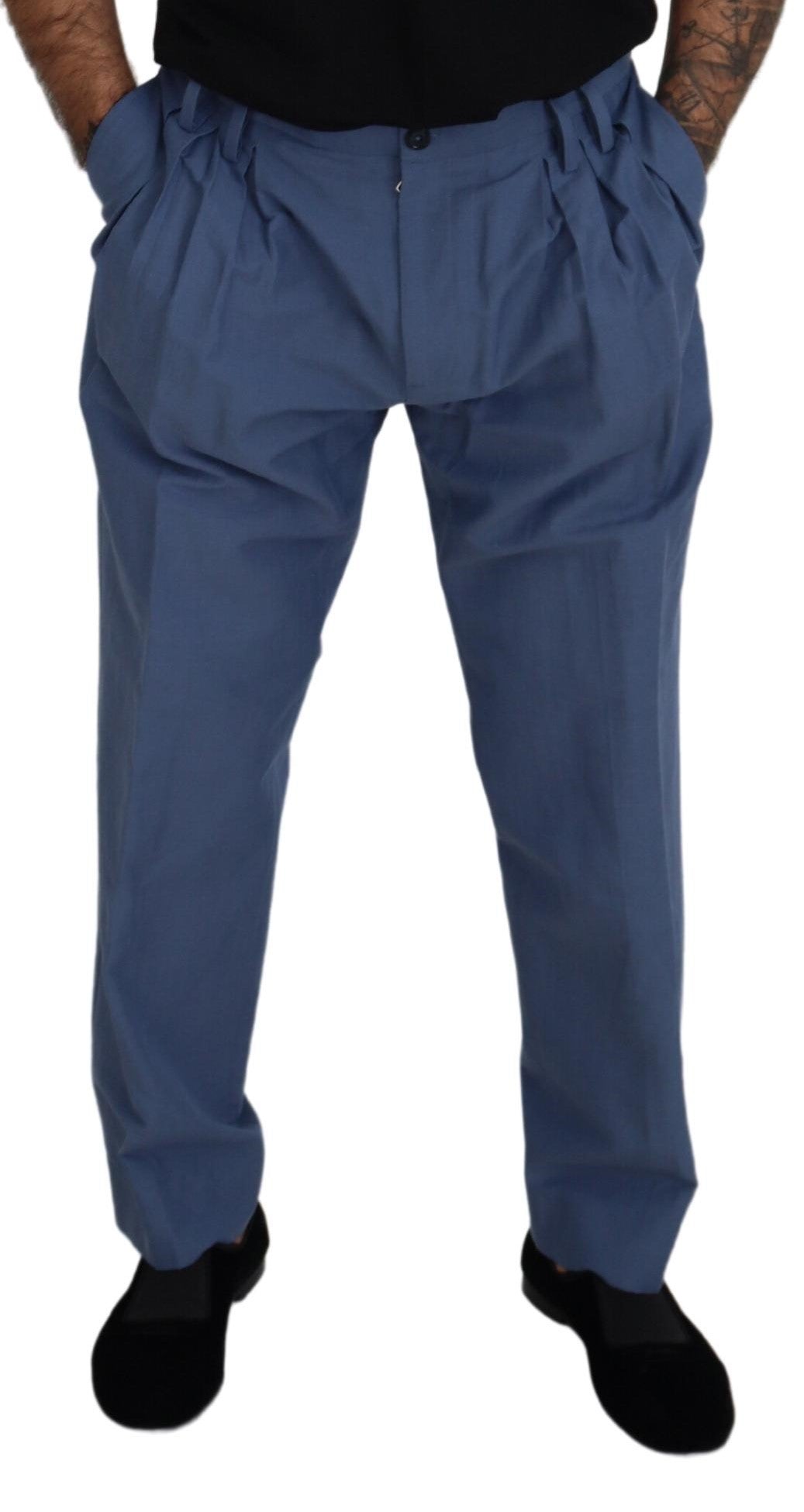 Elegant Blue Linen-Cotton Blend Trousers