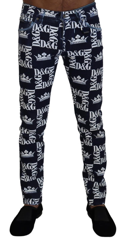 Elegant Crown Print Denim Pants