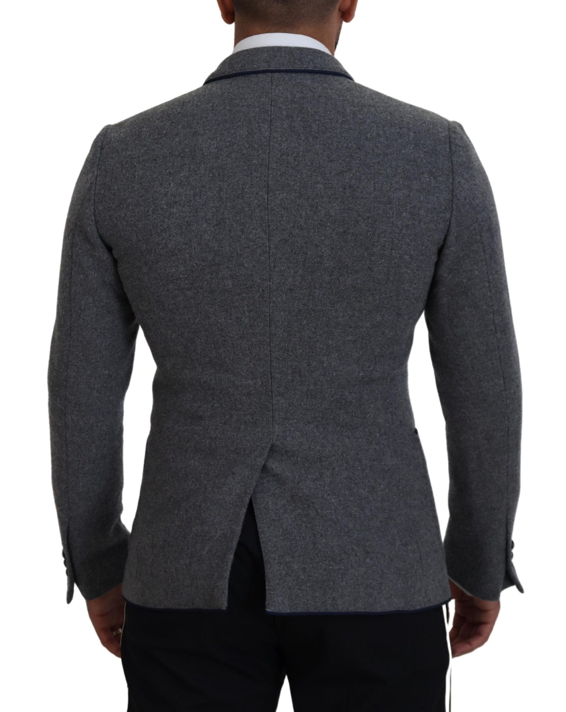 Elegant Gray Wool Blazer with Blue Rose Embroidery