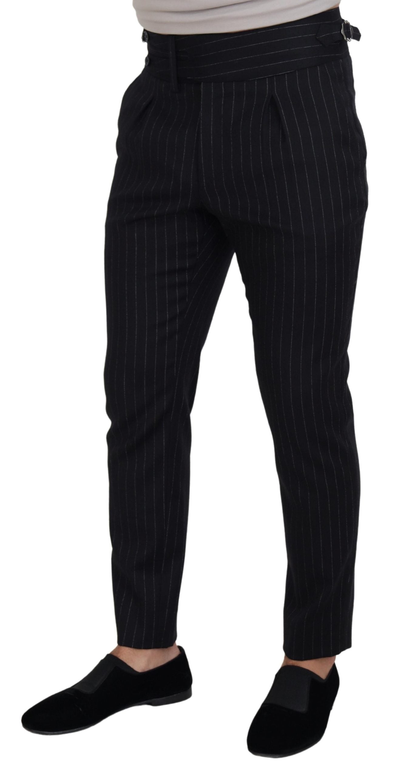 Elegant Black Striped Wool Blend Trousers