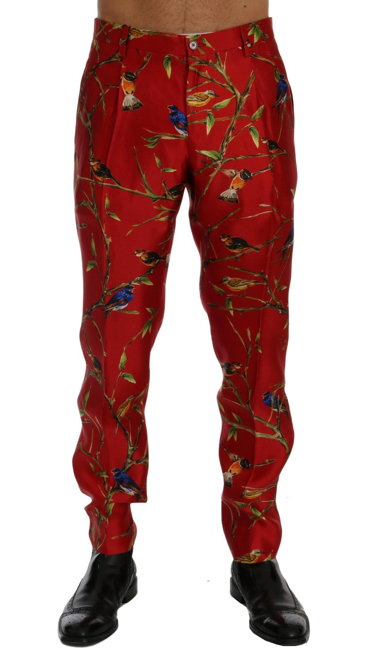 Elegant Silk Dress Trousers in Red Bird Print