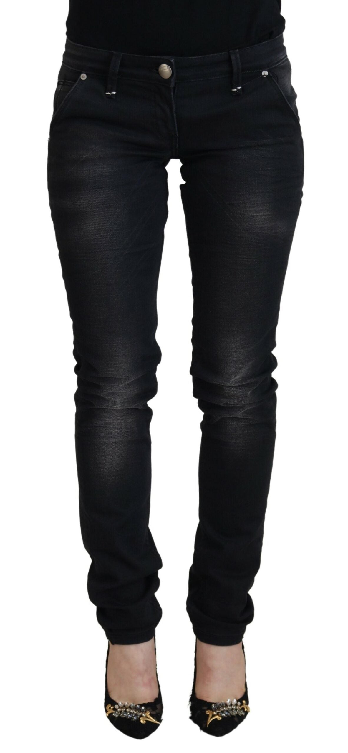 Sleek Black Washed Low Waist Skinny Jeans