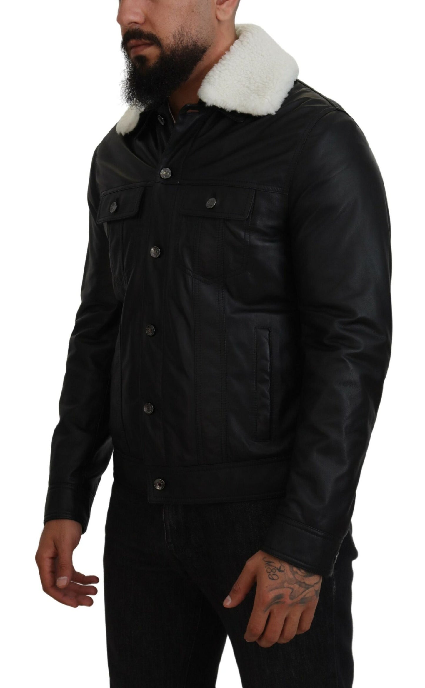 Elegant Black Leather Bomber Jacket