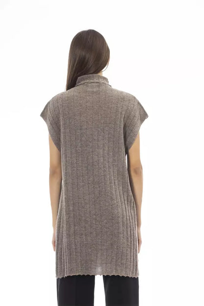 Brown Wool Women Sweater with Side Slits