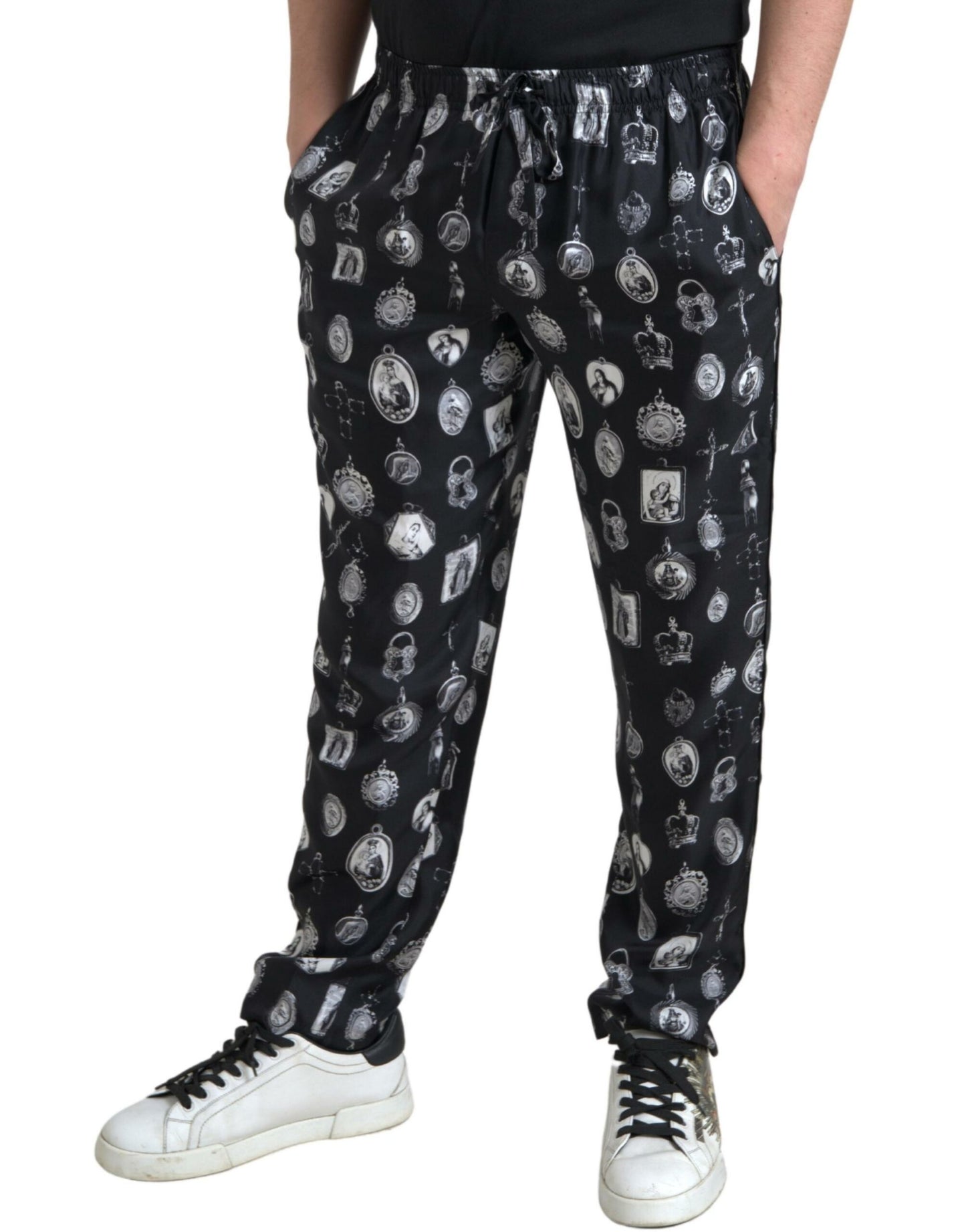 Elegant Silk Joggers with Religious Print