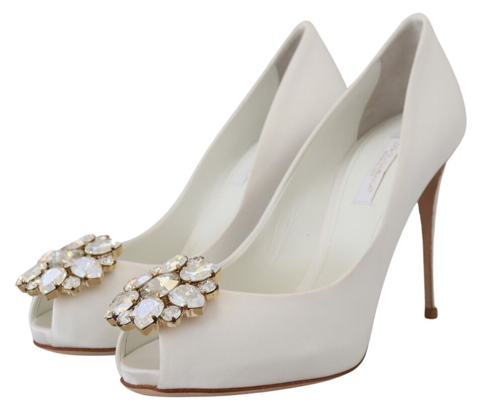 Crystal-Embellished White Peep Toe Heels