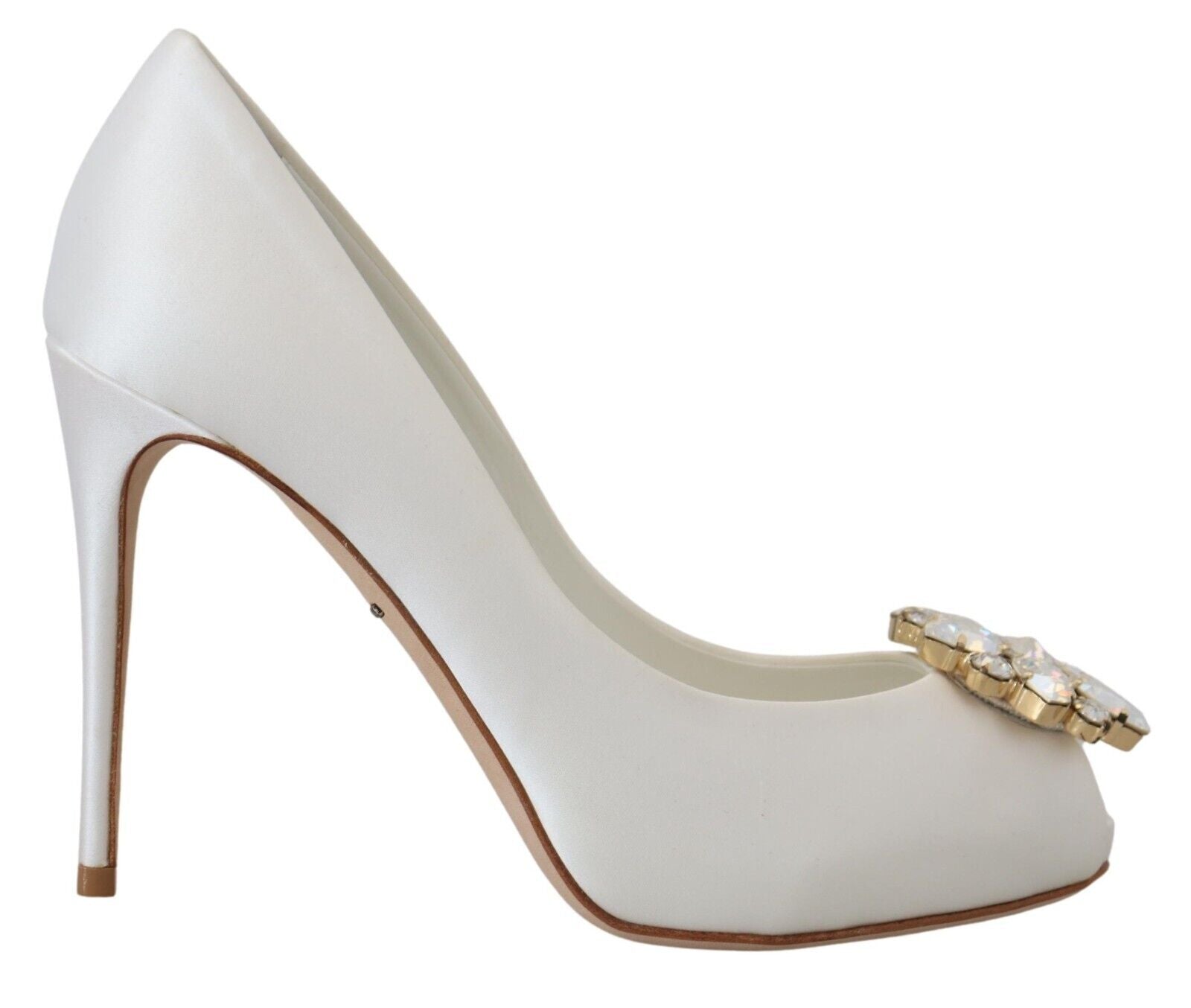 Crystal-Embellished White Peep Toe Heels