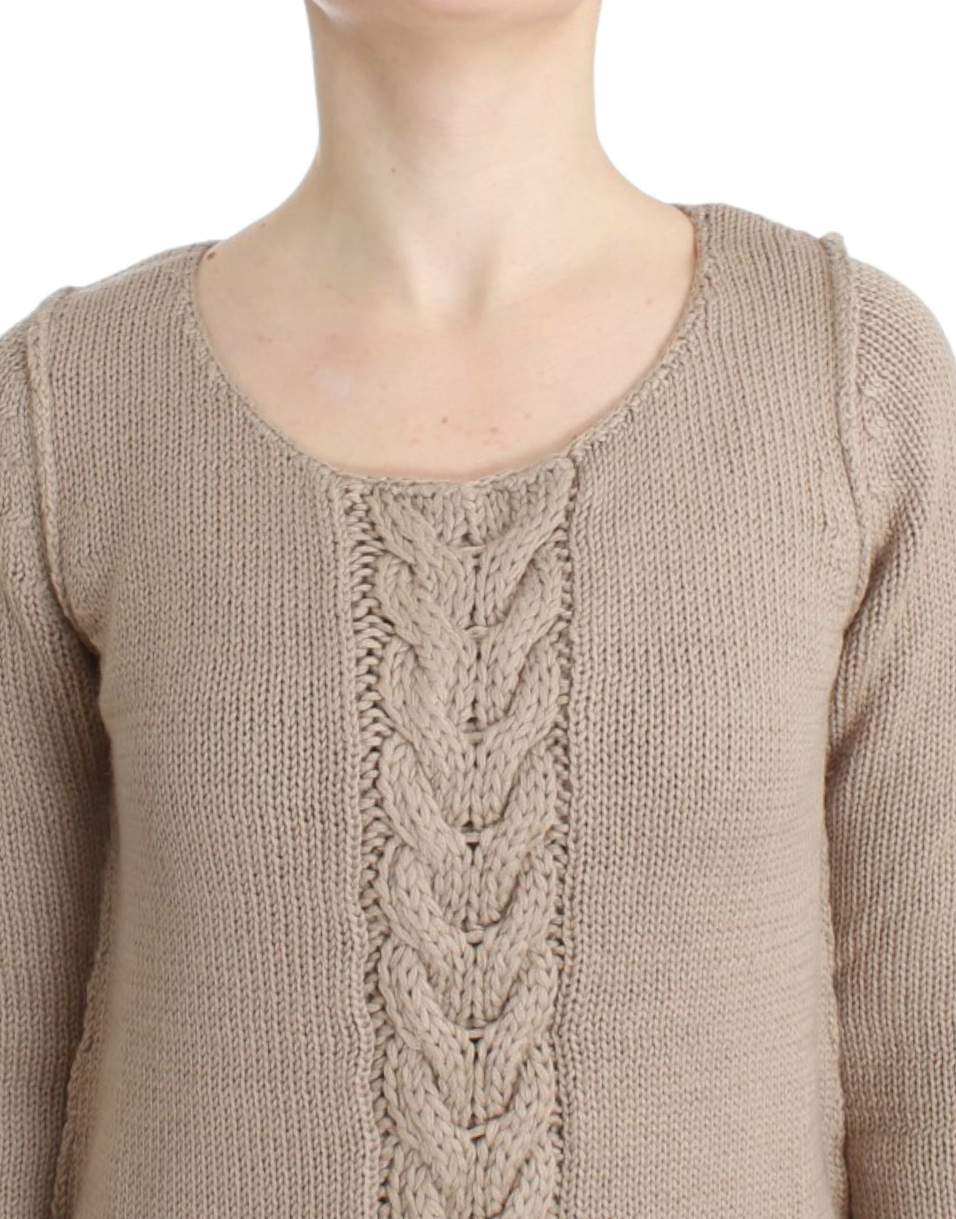 Elegant Beige Knitted Crew Neck Sweater