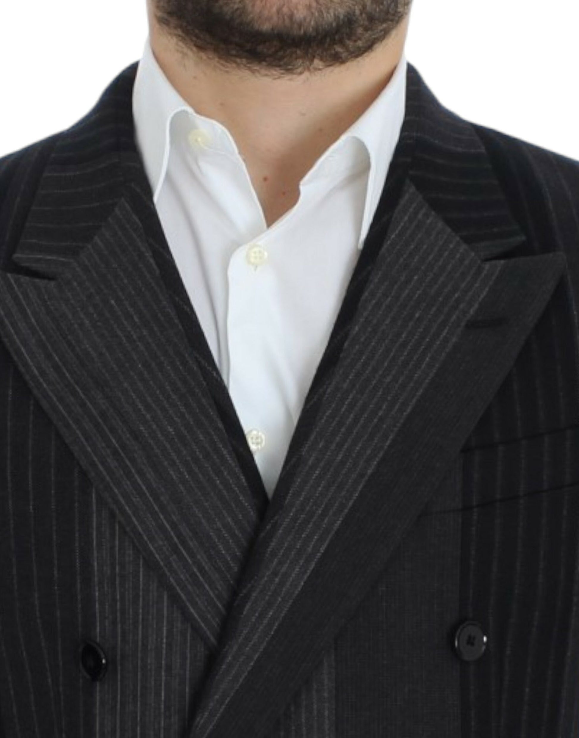 Elegant Gray Striped Wool Slim Blazer