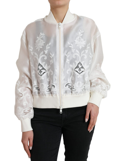 Elegant White Silk Bomber Jacket