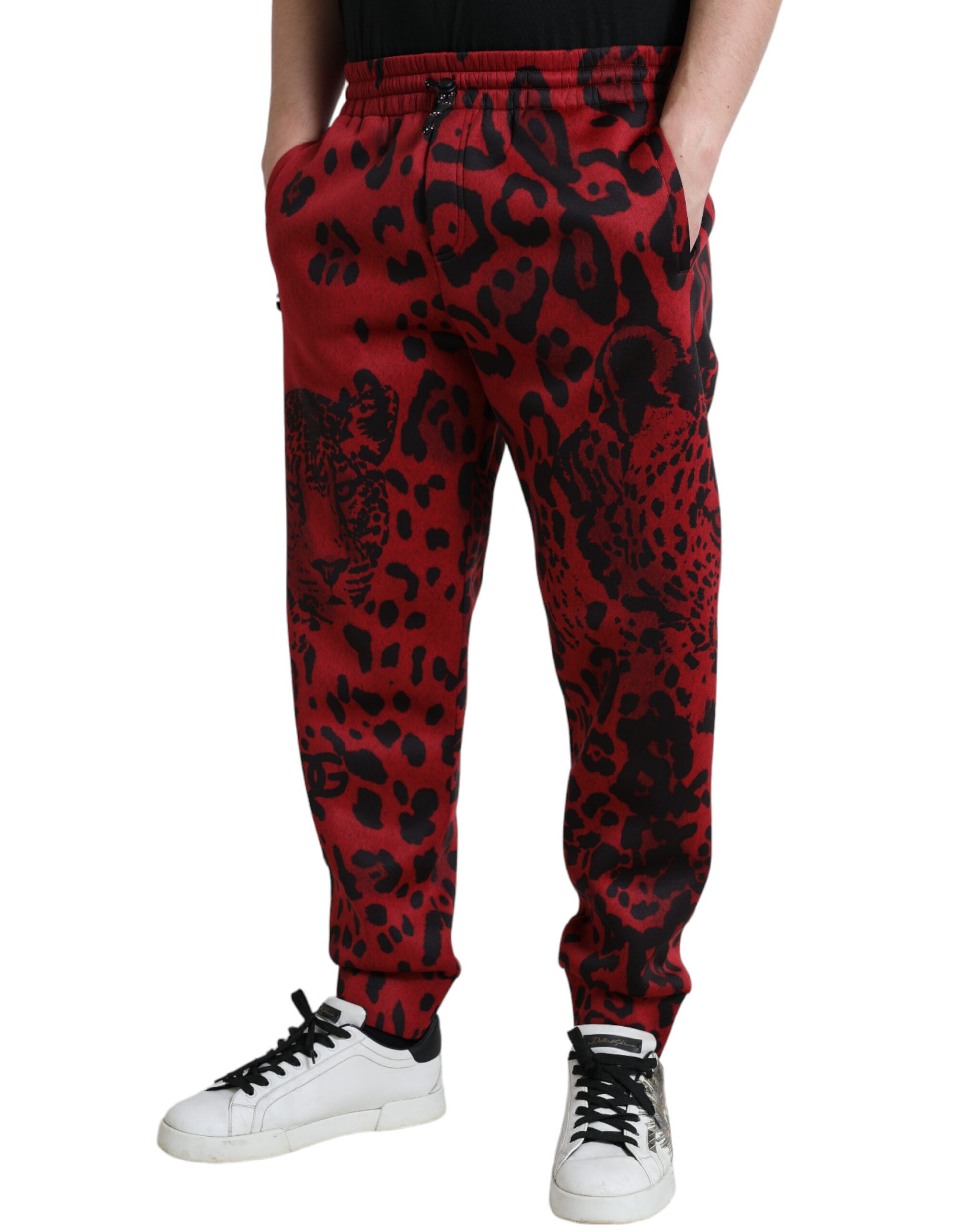 Elegant Leopard Print Joggers in Red and Black