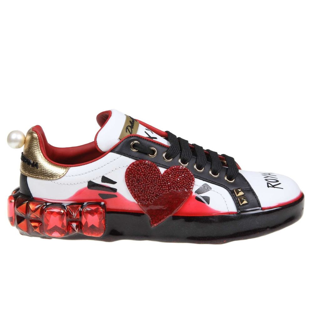 White Calfskin Women Sneaker with Heart-Shaped Rhinestone Detail