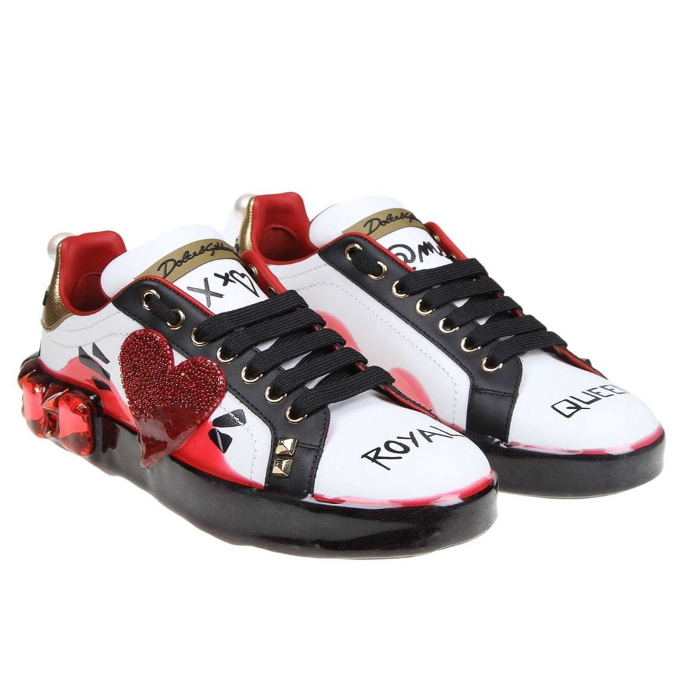 White Calfskin Women Sneaker with Heart-Shaped Rhinestone Detail