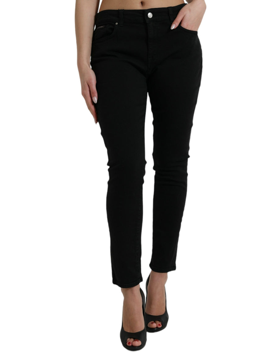 Elegant Black Mid Waist Stretch Jeans