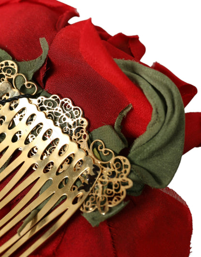 Red Silk Floral Gold Brass Women Hair Comb