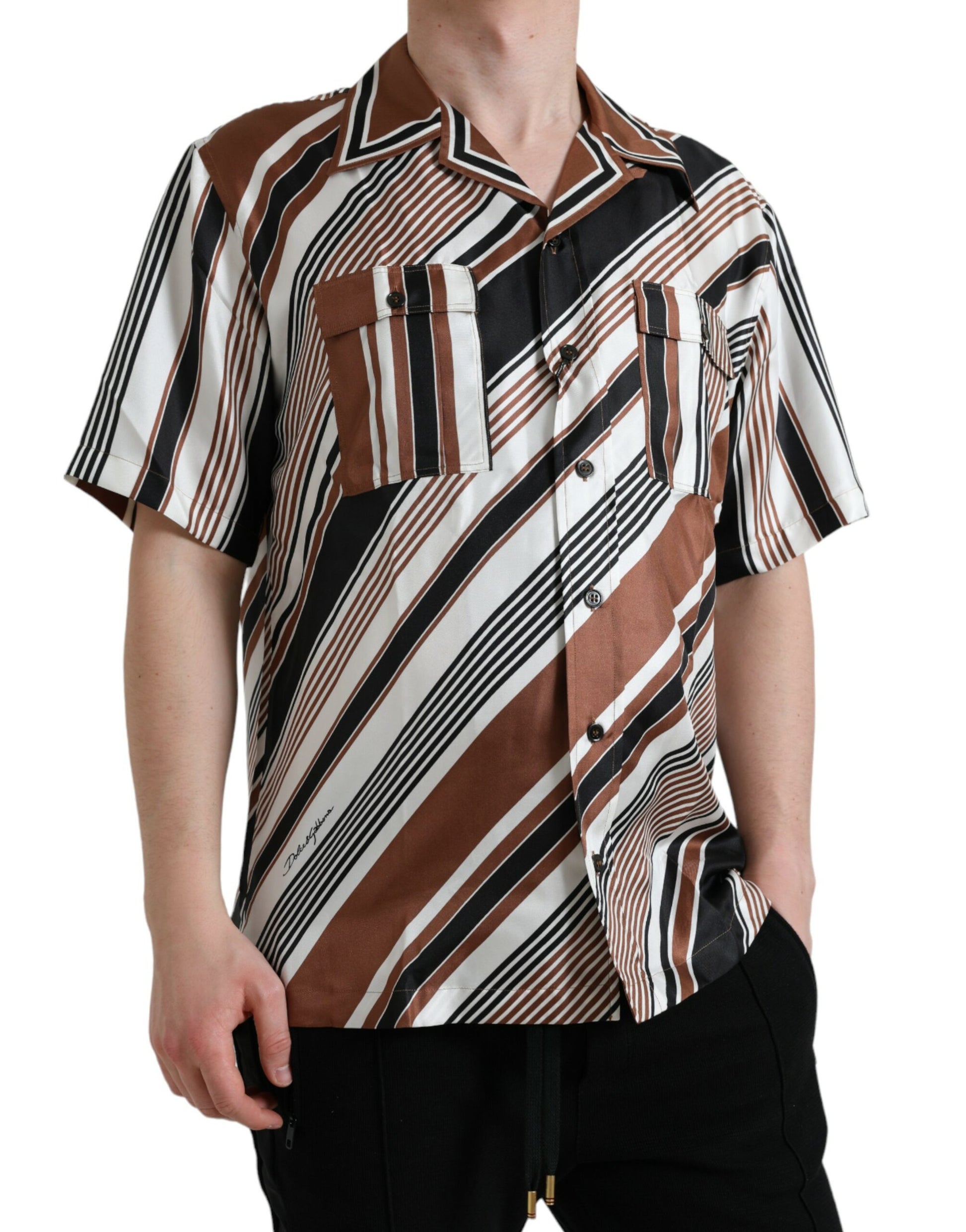 Brown White Silk Striped Short Sleeve Shirt