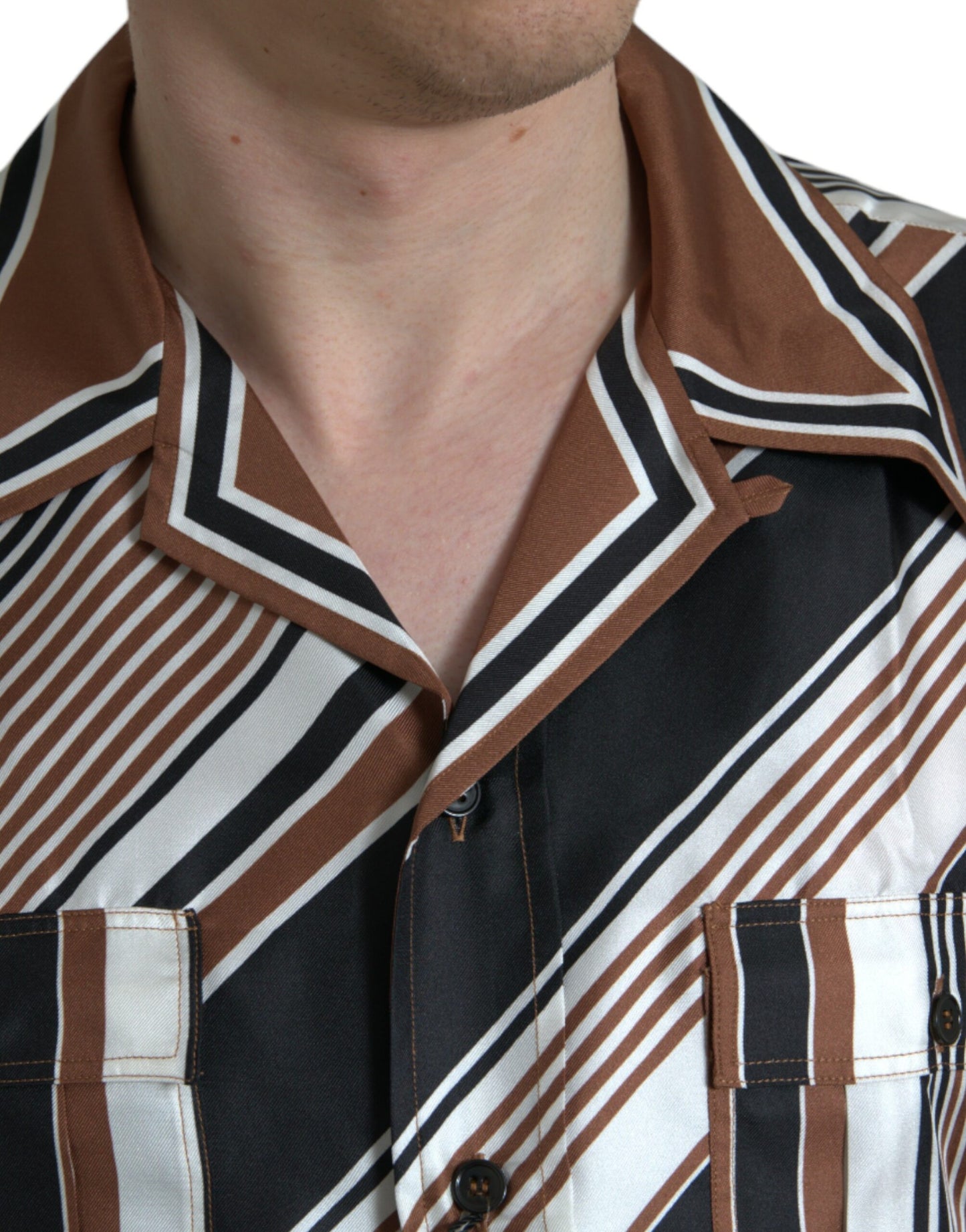 Brown White Silk Striped Short Sleeve Shirt