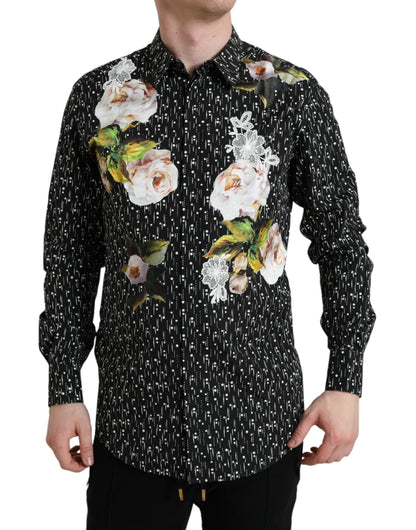 Black Floral Men Formal Dress GOLD Shirt