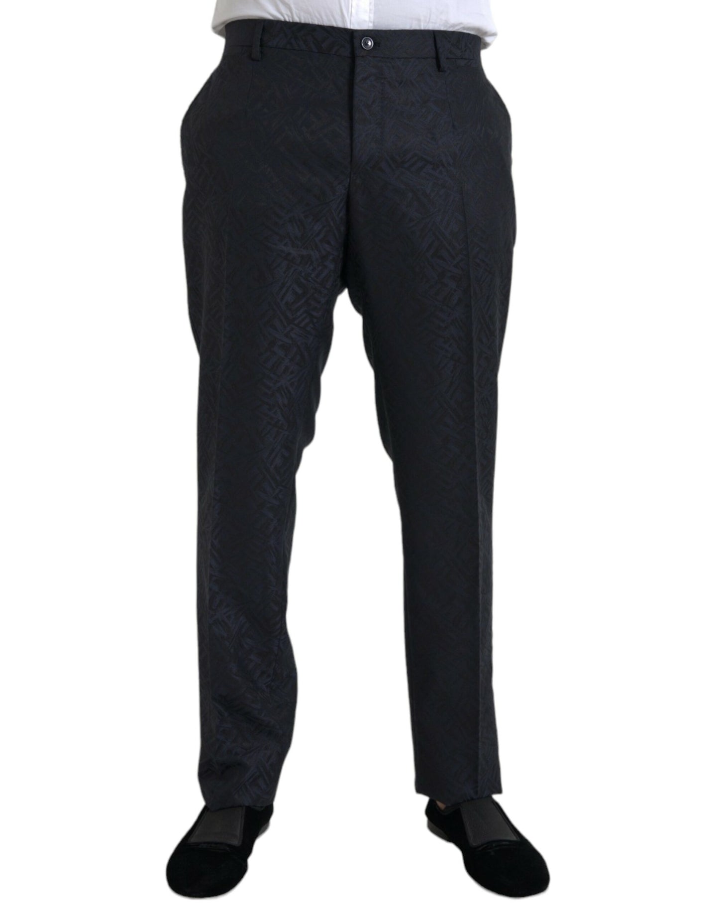 Blue Brocade Wool Skinny Men Dress Pants