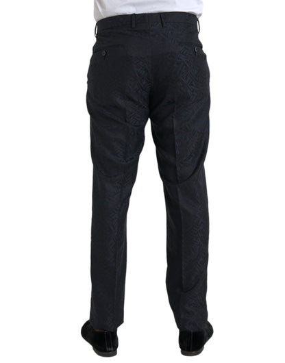 Blue Brocade Wool Skinny Men Dress Pants