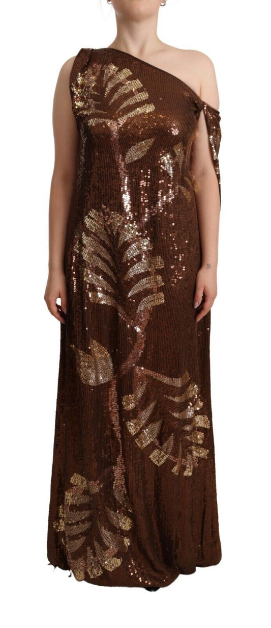 Brown Leaf Sequined Shift One Shoulder Long Dress