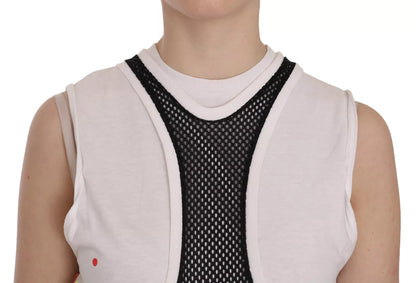 Black White Crew Neck Sleeveless Cotton Blouse