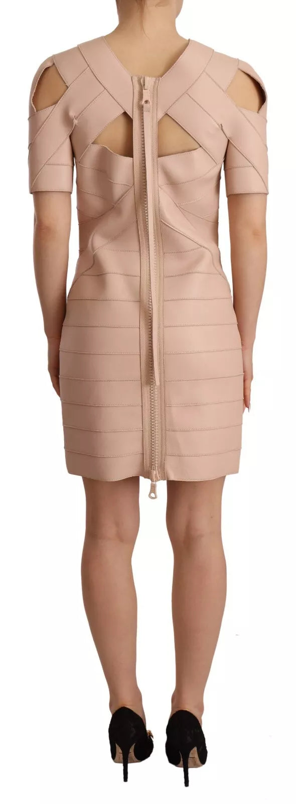 Beige Leather Open Shoulder Sheath Mini Dress